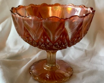 Vintage Marigold Carnival Glass Footed Compote or Candy Dish - Made in USA - Mid-Century