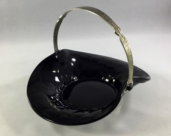 Vintage L.E. Smith Glass Company Art Deco Style Black Amethyst Glass Basket with Silver Plated Handle - Made in USA - 1930's to 1950's