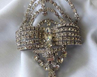 Vintage Tiara Style Faceted Navette and Chaton Clear Rhinestone Brooch - Mid-Century