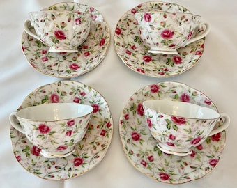 Vintage George Z. Lefton Hand Painted "Rose Chintz 656R" Cups and Saucers with Gold Trim (Four Sets) - Made in Japan - 1949 to 1955