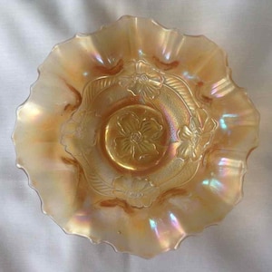 Vintage Dugan Glass Company Marigold Carnival Glass Candy Dish - Apple Blossom Pattern - Made in USA - 1904 to 1931