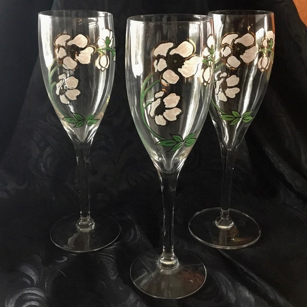 Vintage "Perrier Jouet" Hand Painted Champagne Glasses (Set of Three) Matching Belle Epoque Champagne Bottle - Made in France - Discontinued