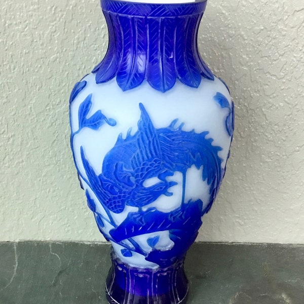 Vintage Chinese "Peking Glass" Vase - Blue Overlay on Opaque White Glass - Maker and Age Unknown - Early to Mid 20th Century