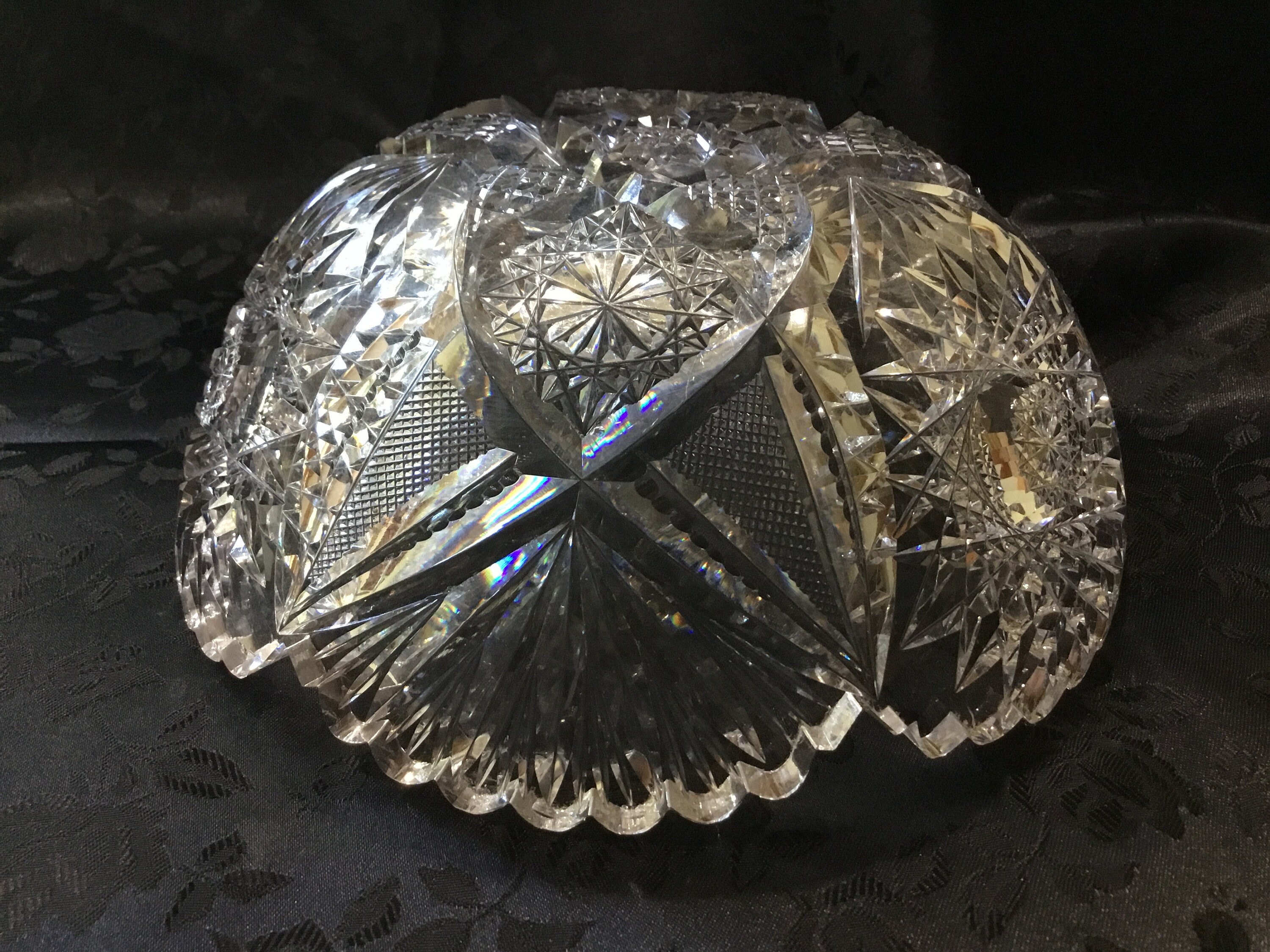 Antique American Cut Glass Bowl With Hobstars, Fans, and
