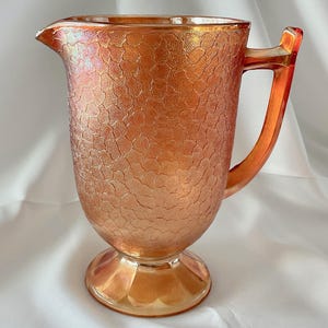 Vintage Jeannette Glass Company Iridescent &quot;Crackle Marigold&quot; Carnival Glass Pitcher - Made in USA - 1930&#39;s to 1970&#39;s