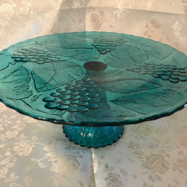 Vintage L.E. Smith Glass Company Teal Grape Cluster Pedestal Cake Stand - Made in USA - 1970's to 1980's