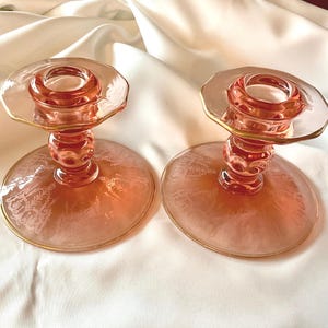 Vintage Cambridge Glass Company &quot;Cleo Pink&quot; Pair of 4.0&quot; Single Light Candlesticks - Made in USA - 1921 to 1945 (Discontinued)