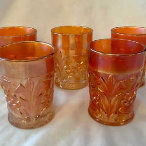 Vintage Fenton Art Glass Marigold Carnival Glass &quot;Waterlilly and Cattails&quot; Tumblers (Note Imperfection)  - Made in USA - 1907 to 1970