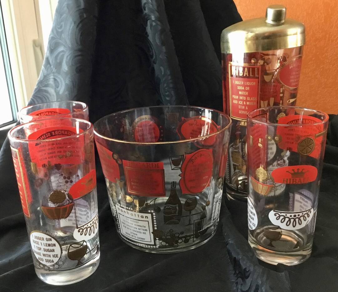 Vintage Glass Co. Barware Set With Cocktail Recipes Shaker lid