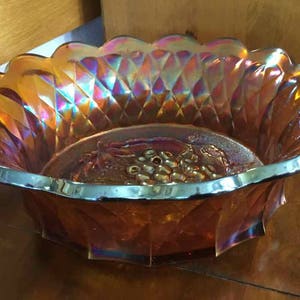 Vintage Imperial Glass Company Carnival Glass Marigold Grape Pattern Bowl - Made in USA - 1910 to 1931