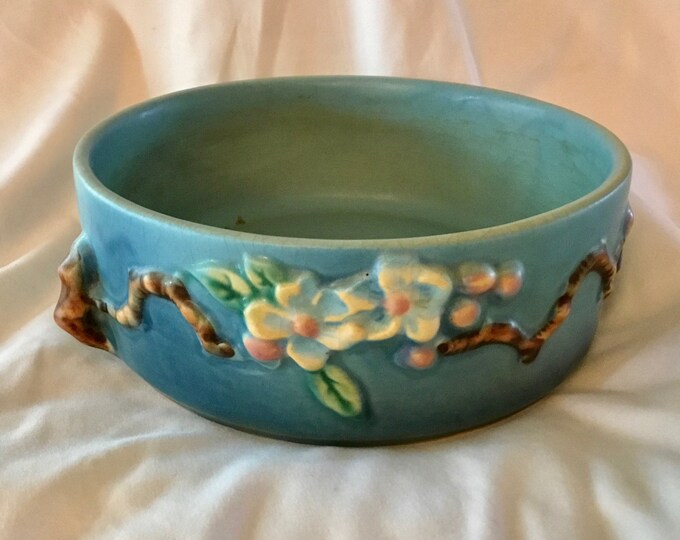 Vintage Roseville Pottery Aqua Blue Apple Blossom Bowl 326 Etsy