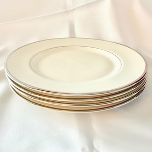 May include: A stack of six ivory-colored plates with a silver rim and a thin silver line near the center. The plates are stacked on top of each other, with the top plate in focus. The plates are on a white background.