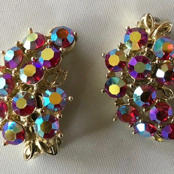 Vintage Iridescent Faceted Chaton Rhinestone Earrings  - Made in USA - 1950's to 1960's