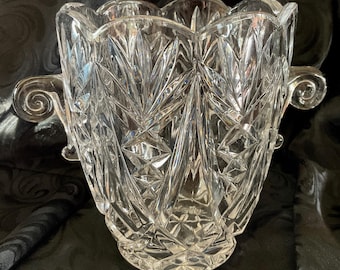 Vintage Pressed Glass 5.25" Tall Ice Bucket or Vase with Scroll Handles - Unknown Maker - 1970's to 1990's