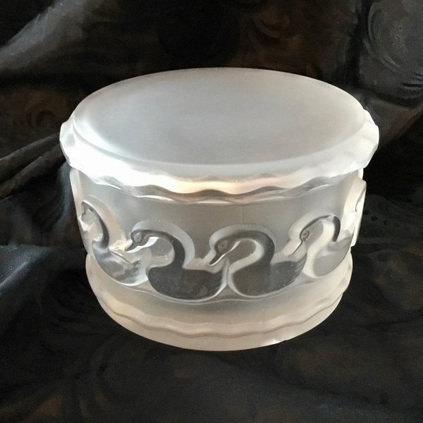 Vintage Lalique Frosted to Clear Round Crystal Covered Trinket Box with Ring of Swans (Note Imperfection) - Made in France - Pre 1978