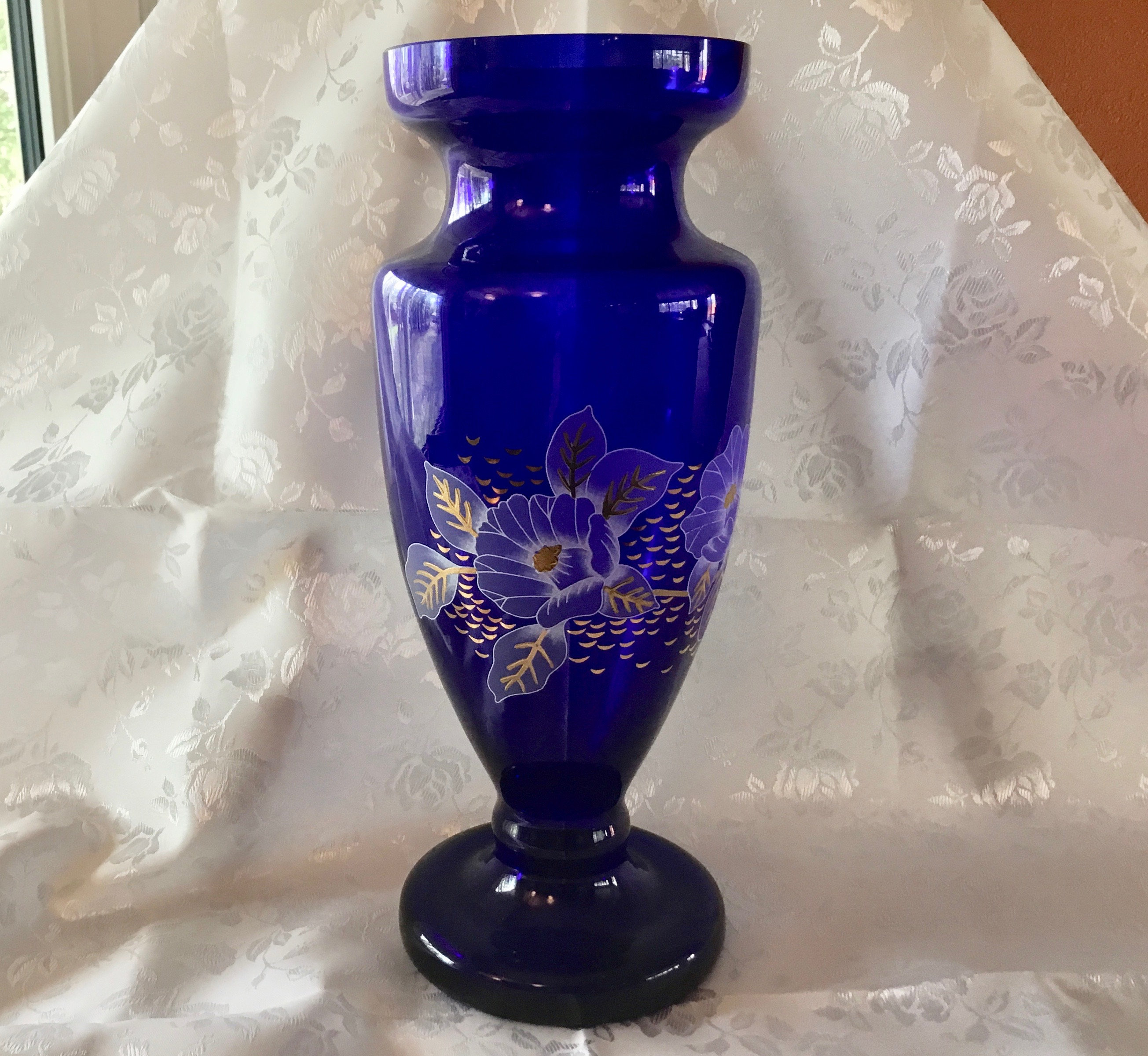 Vintage Bohemia Czech Republic Hand Painted Floral Cobalt Blue