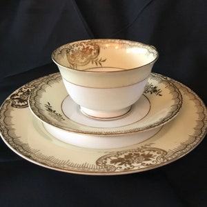 Vintage Noritake Porcelain Cup, Saucer, and Dessert Plate with Floral Gold Accents - Made in Japan - 1940's