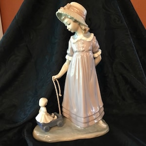 Vintage Lladro Porcelain "Pulling Dolls Carriage" #5044 - Handmade in Spain - Sculpted by Vicente Martinez - 1980 to 1998 Retired