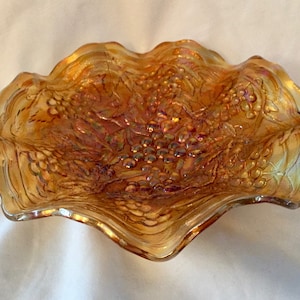 Vintage Imperial Glass Company Iridescent Marigold Carnival Glass &quot;Grapes and Leaf&quot; Bowl (Note Imperfection) - Made in USA - 1910 to 1929