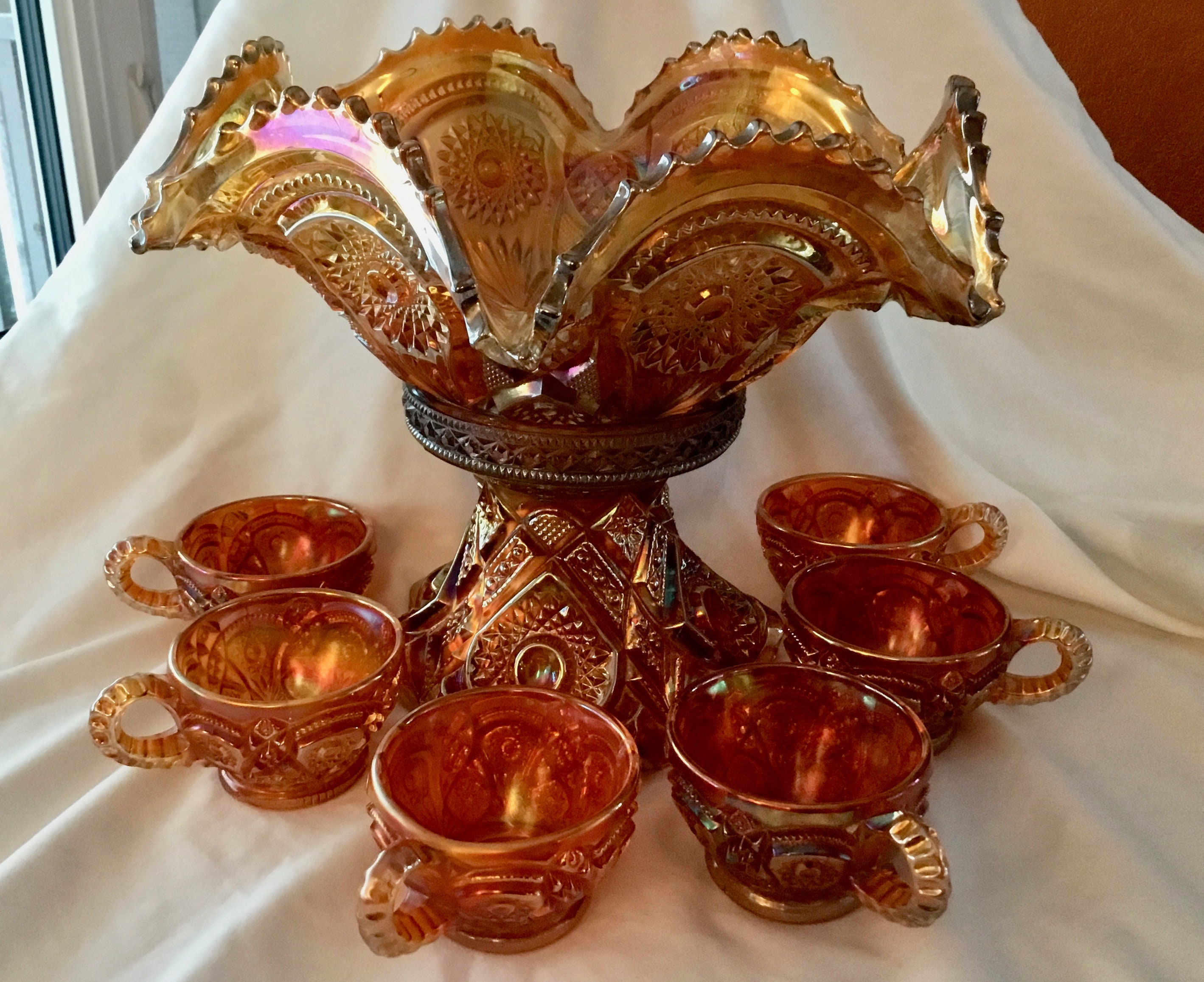 Vintage Carnival Punch Bowl & 12 Cups. Amber carnival glass
