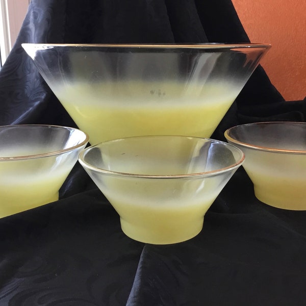 Vintage "Blendo" Yellow Ombre Fade Salad Bowl or Chip and Dip Set with Three Matching Bowls - Made in USA - 1950's to 1960's