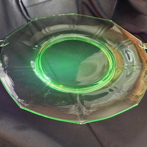 Vintage Vaseline Glass Two Handle Decagonal Serving Tray - Made in USA - 1940&#39;s