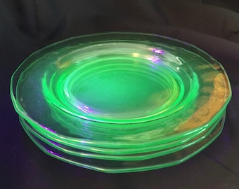 Vintage Fostoria Glass Company "Fairfax" Vaseline Glass 6.0" Bread Plates (Set of Four) - Made in USA - 1927 to 1944