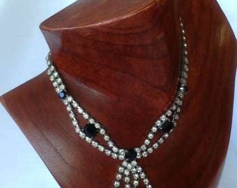 Vintage Clear Diamond and Black Round and Octagonal Rhinestone Necklace and Earring Set - 1950's to 1960's