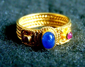 18k Gold Ring,Soild Yellow Gold 750 Blue Sapphire and Rubies Ring for Women,Women's Byzantine Style Statement Ring,Gift for Her,Greek Art