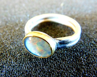 Womens Australian Opal Ring, Gold and Silver Boulder Opal Ring, Two Tone Ring for Women, Unique Gemstone Mixed Metal Ring, Fine Jewelry