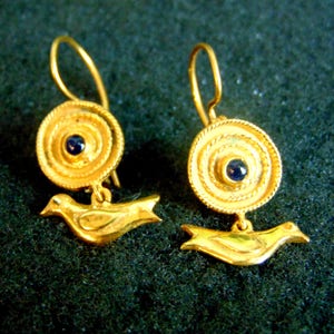 Byzantine 18k Gold Bird Earrings with Natural Sapphires