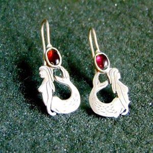 Silver Mermaid Earrings, Sterling Silver and Garnet Drop Earrings,Gemstone Womens Earrings,Mermaid Jewelry,Gift for Her,Artisan Jewellery