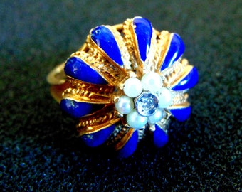 18k Gold Flower Ring, Lapis Pearl Diamond Ring, Lapis Lazuli Gold Ring, Yellow Gold Pearl Ring, Flower Pinky Ring, Art Nouveau Diamond Ring