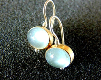 Formal Aquamarine Earrings, Elegant Gemstone Drop Earrings, Fine Two Tone Earrings, Mixed Metal Earrings, Silver and Gold Statement Earrings