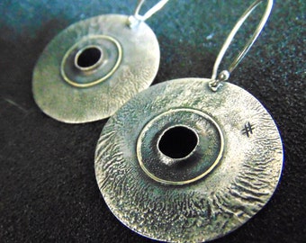 Large Disc Hoop Earrings, Hammered Disc Earrings, Big Circle Earrings, Textured Hoop Earrings, Gold and Oxidized Silver Earrings