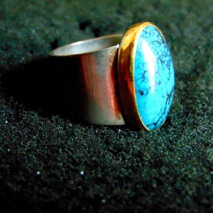 Silver and Gold Ring, Sterling Silver 18k Gold and Turquoise Statement for Women,Women&#39;s RIngs,Gift for Her,Artisan Jewelry,Greek Art