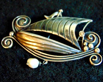 Sterling Silber Segeln Schiff Brosche mit Perle Akzent