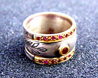 Art Deco Ruby Ring: Sterling Silver & 18k Gold, July Birthstone