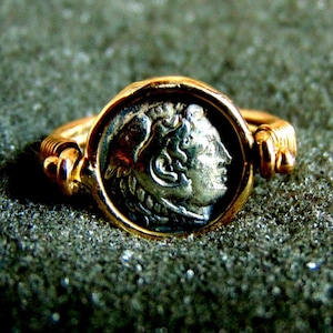 純金メンズピンキーリング、メンズコインリング、ギリシャコインリング、18金アレキサンダー大王リング、シュヴァリエ回転リング、フリップリング、男性用リング