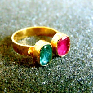 Dual Gemstone Ring, Hammered Open Gold Ring, Aquamarine Pink Tourmaline Ring, Delicate Cocktail Ring, Solid 18k Yellow Gold Multi Stone Ring