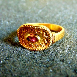 Antique Style Byzantine Ring, Dainty Gemstone Ring, 18k Gold Real Ruby Ring, Pinky Ring Women, Gold Signet Ring Women, Greek Gold Ring