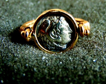 18k Gold Signet Ring,Solid Gold 750 Ring,Alexander the Great Ring,Ancient Coin Ring,Coin Signet Ring,Warriors Ring,Artisan Jewelry,Greek Art
