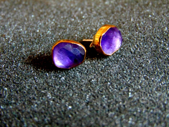 Stunning 18k gold silver and amethyst studs-Amethyst stud earrings- 18k gold studs- Silver and gold earrings-Women's artisan earrings