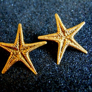May include: Two gold-colored starfish earrings. The starfish are detailed with raised lines and have a slightly textured surface.