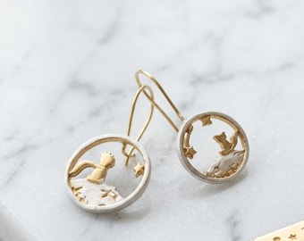 Boucles d'oreilles Petit Prince en argent sterling : Boucles d'oreilles étoilées dépareillées en plaqué or