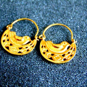 Byzantine Earrings,14k Gold Bird Earrings, Crescent Moon Hoop Earrings, Ethnic Dove Earrings, Evening Greek Folk Earrings, Formal Earrings