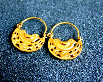 Beautiful 14k solid gold bird earrings-Yellow gold byzantine earrings-Antique gold earrings-Ancient greek bird earrings-Artisan jewelry