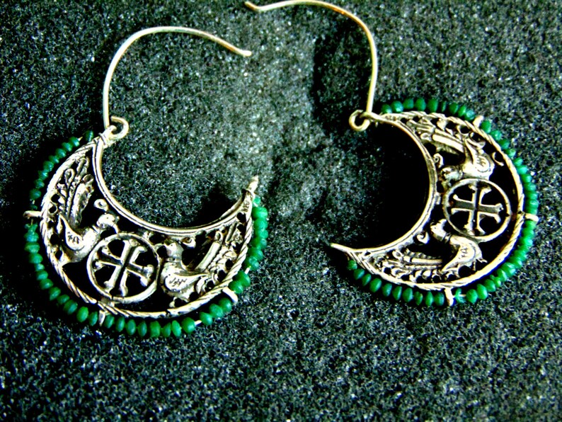 Sterling Silver Earrings,Silver and Green Agate Bird Earrings-Byzantine Dangle Earrings-Ancient Greek Bird Earrings-Artisan Jewelry image 2