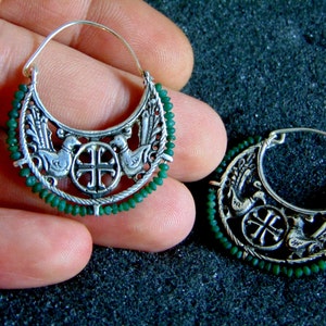 Sterling Silver Earrings,Silver and Green Agate Bird Earrings-Byzantine Dangle Earrings-Ancient Greek Bird Earrings-Artisan Jewelry image 3