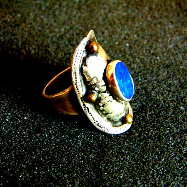 Stunning sterling silver, bronze and lapis lazuli ring-Bohemian silver 925 ring-Women's statement ring-Silver gemstone rings for women
